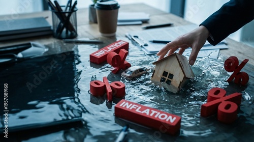 Economic Crisis Concept with Hand Saving House Amid Rising Inflation and Flooded Financial Symbols on Desk