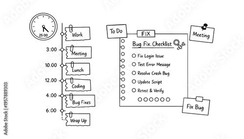 A colorful hand-drawn schedule with a bug fix checklist and timeline