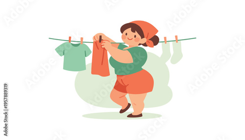 A woman hanging clothes on a line with a clothespin in hand