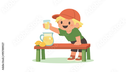 A cartoon boy holding a glass of lemonade next to a pitcher