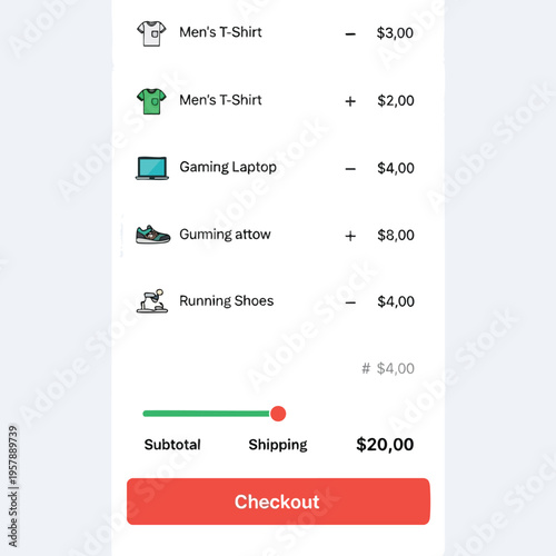 Shopping cart items with prices, subtotal, shipping, and checkout button