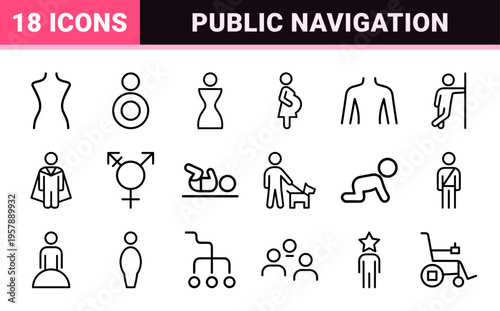 Inclusive Restroom Signage and Gender-Neutral Wayfinding Symbols in Minimalist Monoline Geometric Line Art for Public Interior Spaces.