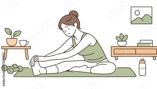 Yoga woman stretching on a green mat in a serene home environment