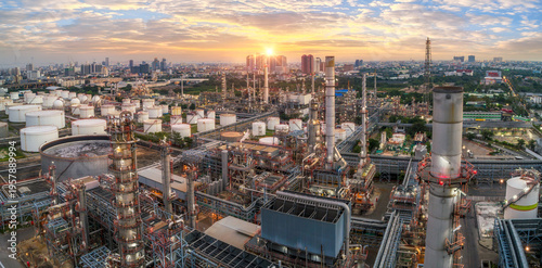 Aerial view of Oil and gas industry - refinery, Shot from drone of Oil refinery and Petrochemical plant at twilight, Bangkok, Thailand