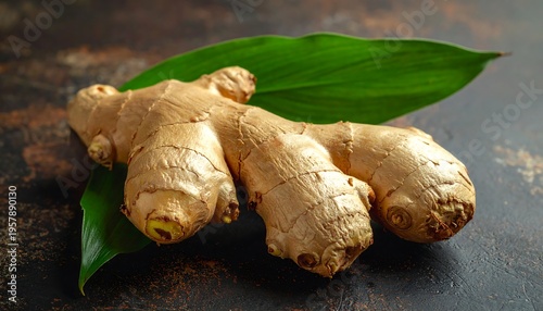 Wallpaper Mural Fresh Ginger Root with Green Leaves on Dark Background. Torontodigital.ca
