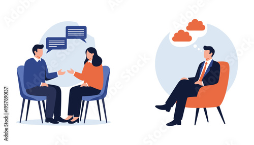 A businessman sitting in a chair with a thoughtful expression and two people discussing in the background