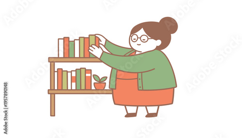 Woman cartoon character reaching for a book on a shelf