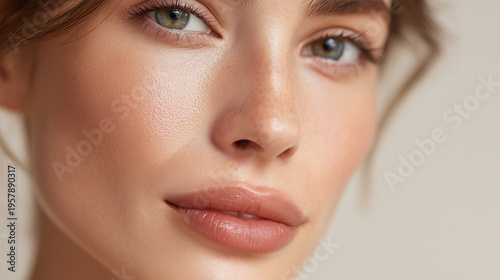 Macro Close Up of Natural Female Face with Smooth Glowing Skin Beauty Skincare Concept Soft Light and Perfect Complexion