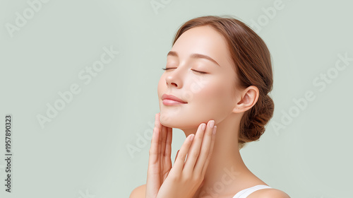Serene Woman Touching Face with Eyes Closed Natural Skincare Beauty Portrait Soft Pastel Background Healthy Glowing Skin Concept