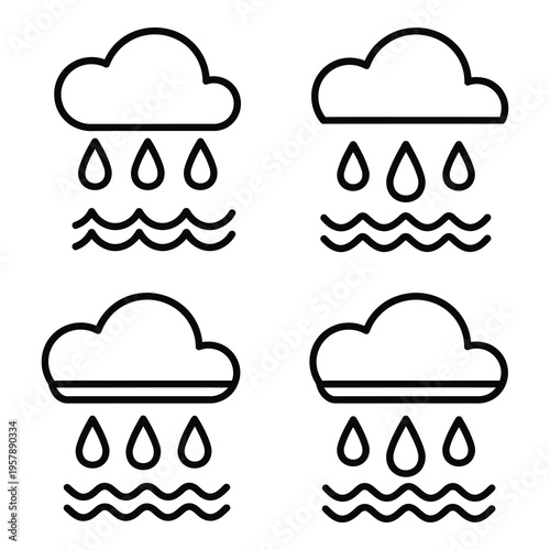 Weather icons with rain clouds and raindrops falling on waves icon