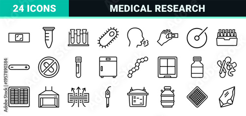 Microbiology and Laboratory Science Outline Icons Featuring Bacteria, Virus, DNA, and Medical Research Equipment in Minimalist Geometric Line Art Style