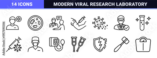 Immunology and Vaccine Research Geometric Monoline Icons Featuring Viral Pathology Diagnostics and Clinical Laboratory Medical Outline Symbols