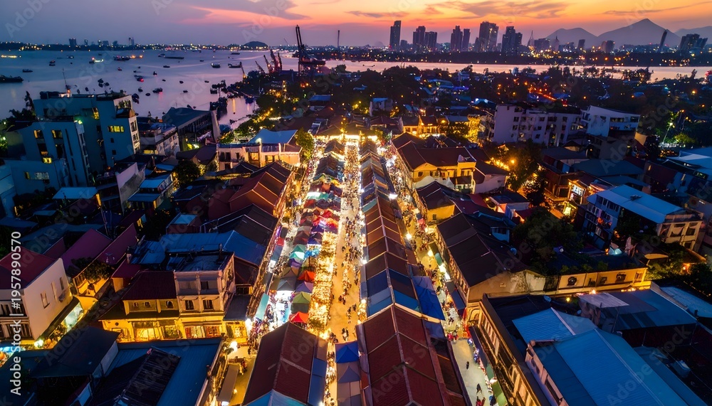 Fototapeta premium Aerial View of Cityscape at Dusk with Illuminated Streets.