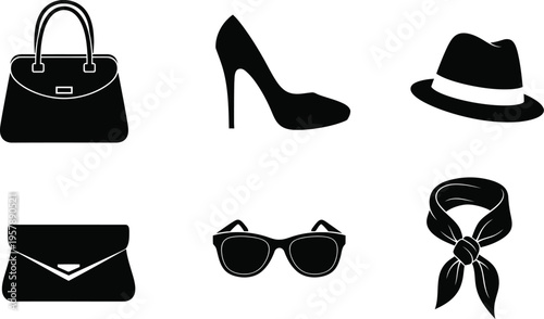 Vector graphics of fashion accessories handbag high heel hat sunglasses scarf