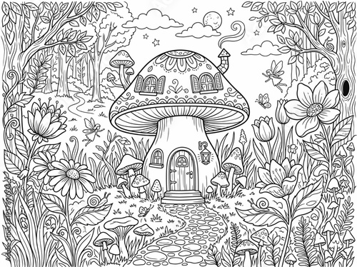 Whimsical Mushroom House Coloring Page with Flowers Fantasy Line Art Illustration