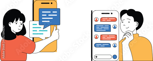 Two individuals engaging with messaging apps on their smartphones