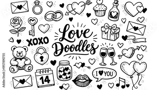 Love doodles illustration with various romantic symbols and icons