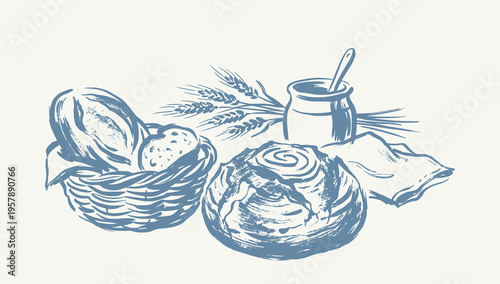 Artisan Sourdough Bread Vector Illustration Drawing, Vintage Rustic Hand Drawn Sketch Style, Organic Bakery Still Life with Homemade Boule, Starter Flour Jar and Wheat Stalks
