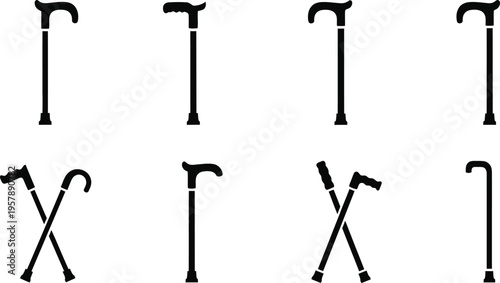 Vector illustrations of various walking sticks and canes in different orientations and arrangements