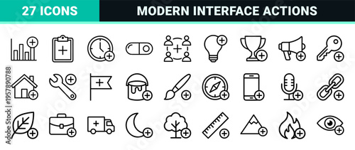 Minimalist Monoline Additive Interface Symbols Featuring Essential Geometric Line Art for Commercial Digital Products and Mobile Apps.