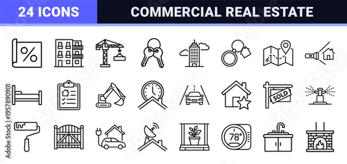 Real Estate and Property Management Minimalist Monoline Geometric Line Art Outline Symbols for Residential and Commercial Utility.