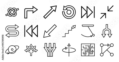 Navigation Wayfinding and Directional Interface Line Art; Minimalist Monoline Geometric Arrows for Logistics and Digital Workflow Mapping