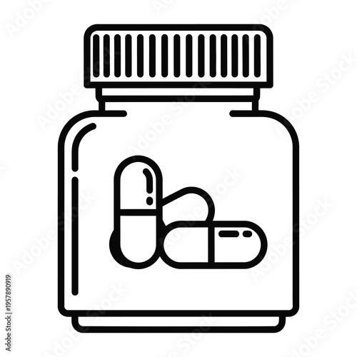 Black line icon of a medicine bottle with capsules  simple pharmaceutical packaging icon