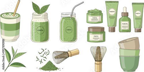 Matcha tea and skincare vector set with green tea drinks powder whisk leaves cosmetic products jars tubes and natural wellness elements illustration