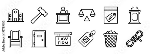 Law and Justice Minimalist Monoline Outline Symbols for Legal Services Courtroom Ethics and Judicial System Geometric Line Art