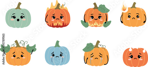 Cute cartoon pumpkins set with different emotions and Halloween styles, adorable autumn characters collection vector illustration design