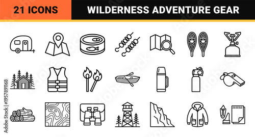 Outdoor Adventure and Camping Equipment Outline Symbols Featuring Minimalist Monoline Aesthetics for Wilderness Navigation and Travel UI