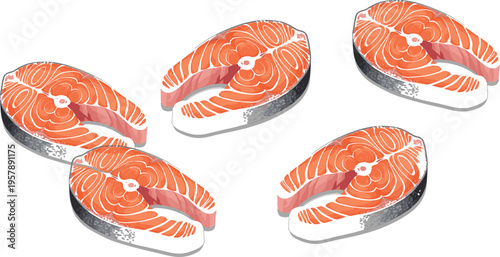 Fresh salmon steak slices set with realistic seafood cuts, raw fish portions for cooking and healthy diet vector illustration