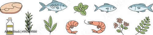 Hand drawn seafood and cooking ingredients vector set with fish shrimp herbs olive oil and potato in minimal flat illustration style
