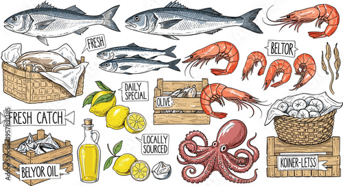 Hand drawn seafood market vector set with fresh fish shrimp octopus lemon crates labels and rustic packaging elements for fish shop design