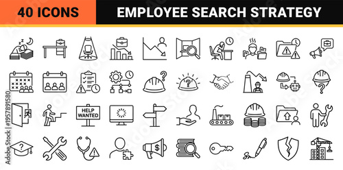 Labor Shortage and Workforce Crisis Management Icon Set: Minimalist Monoline Geometric Line Art for HR and Employment Recruitment