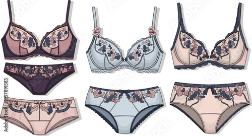 Lingerie set with floral bras and panties, elegant women underwear collection in soft colors vector illustration design