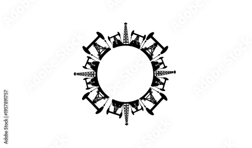 Black and white oil industry silhouette circle with pump jack and drilling derrick vector design