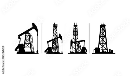 Black and white oil pump jack and drilling derrick icon grid in minimal industrial vector style