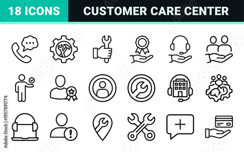 Customer Service and Technical Support Monoline Icons Featuring Minimalist Maintenance Repair and Online Assistance Geometric Line Art