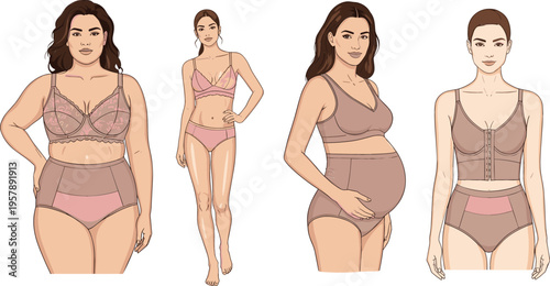 Women body types set with lingerie models including curvy slim and pregnant figures, female diversity and inclusivity vector illustration design