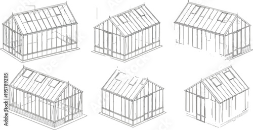 Architectural greenhouse wireframe vector set with different perspectives modern glass house structure sketches blueprint style building design illustration collection