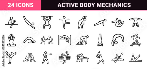 Human Kinetic Movement and Physical Activity Monoline Outline Symbols for Sports Training and Ergonomics Interface Design
