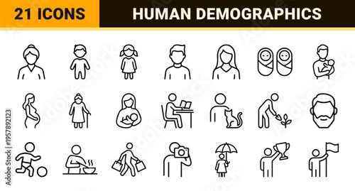 Minimalist Monoline Demographic Line Art Featuring Human Life Cycle Stages, Family Structures, and Age Diversity Graphic Symbols.