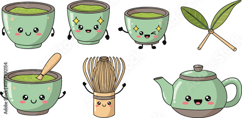 Cute matcha tea kawaii vector set with smiling cups teapot whisk and green tea leaves adorable Japanese drink characters illustration collection