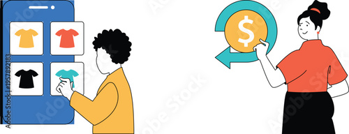 Woman demonstrating the concept of earning money through online t-shirt sales to a customer