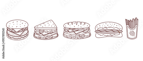 Fast foods doodle set on white background. Fast food icons set collection. Set of fast foods sign collection. Vector illustration.
