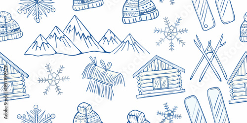 Winter themed doodle pattern featuring mountains cabins and snow sports
