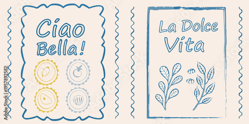 Italian phrases and botanical illustrations on decorative hand drawn cards