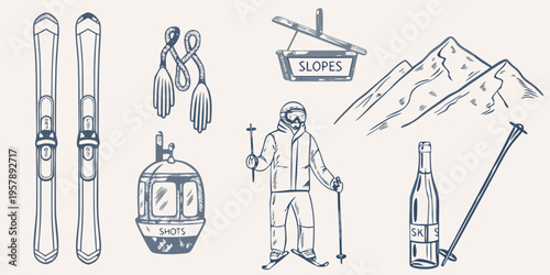 Sketch of a skier and winter sports equipment against a mountain backdrop