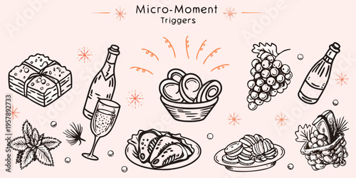 Hand drawn illustration of celebratory foods and drinks arranged on pink
